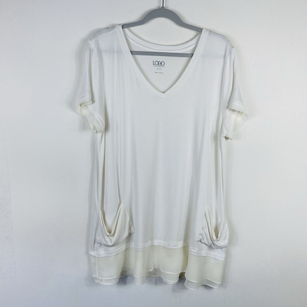LOGO by Lori Goldstein Size XL Petite Chiffon Trim Tee Top With Pockets Ivory